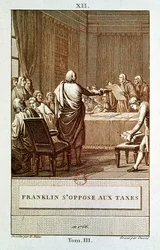 Benjamin Franklin 1766-ban bemutatja az adóellenállását, David által metszett